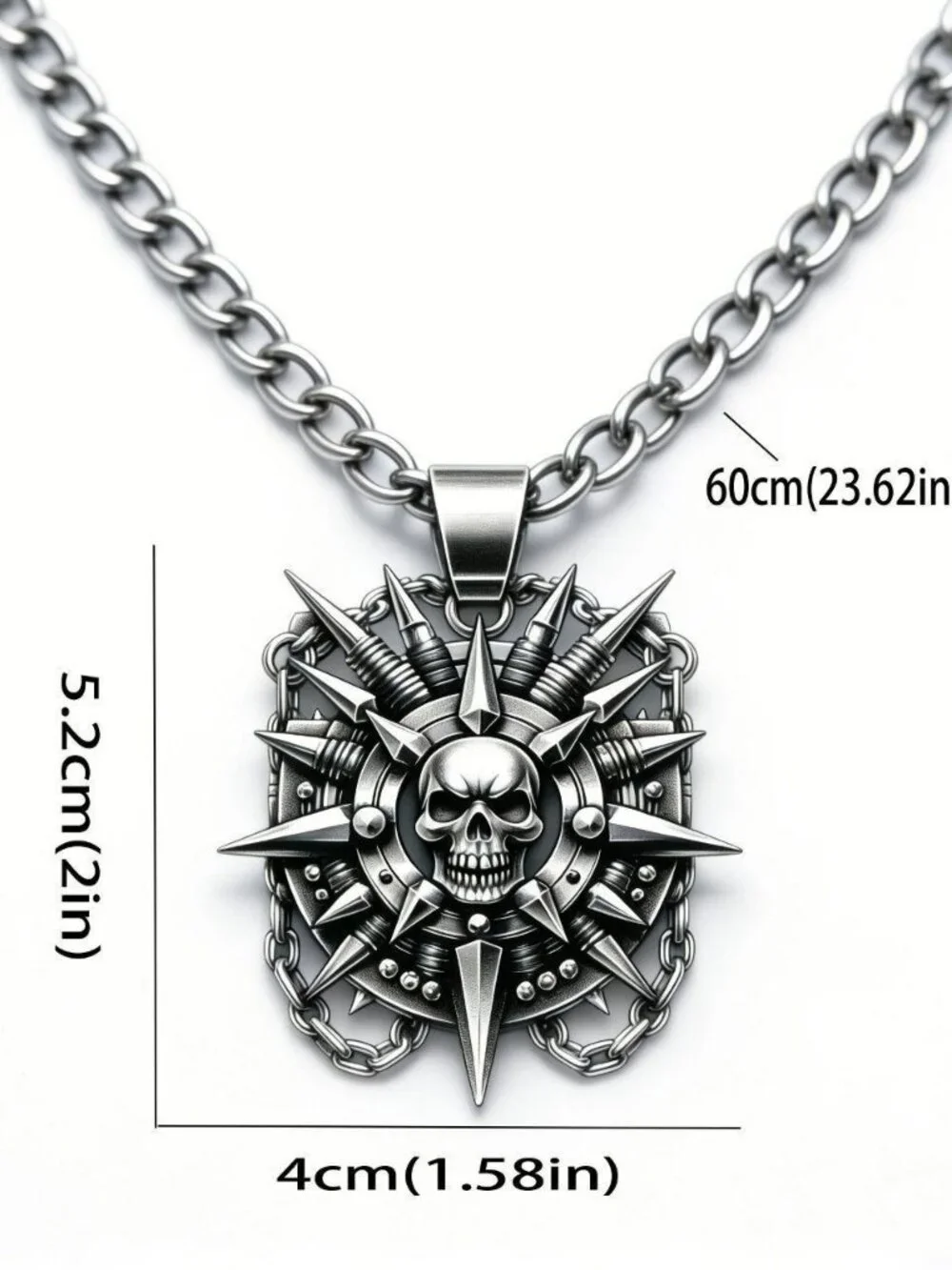 Mens stainless steel spiked skull pendant necklace gothic
